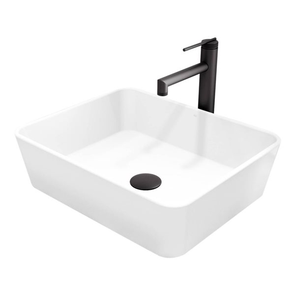 VIGO Marigold&nbsp;18-in L x&nbsp;14-in W White Matte Stone Rectangle Vessel Bathroom Sink with Faucet/Drain - Matte Black