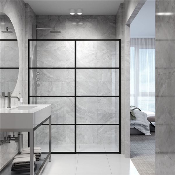 VIGO Meridian&nbsp;60-in W x&nbsp;74-in H Matte Black Hinged Shower Door with Clear Grid Glass
