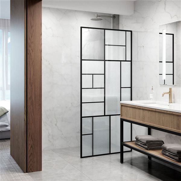 VIGO Meridian LineArt&nbsp;34 x&nbsp;74-in H Matte Black Framed Shower Screen w/ Mixed Clear/Privacy Grid and Fluted White Glass
