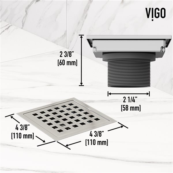 Drain de douche carré Elan de VIGO 4 po large, nickel brossé