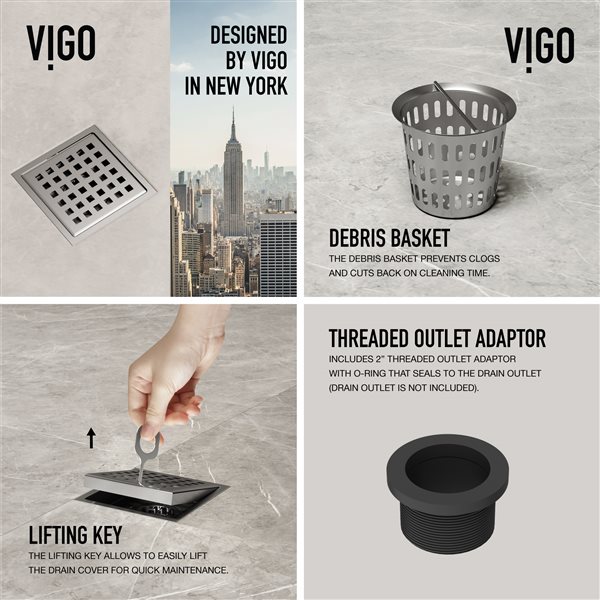 VIGO Elan&nbsp;4-in W Square Shower Drain - Brushed Nickel