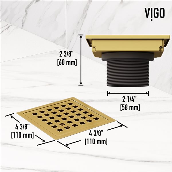 VIGO Elan&nbsp;4-in W Square Shower Drain - Matte Brushed Gold