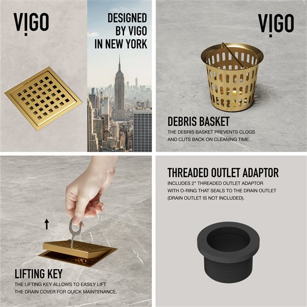 VIGO Elan&nbsp;4-in W Square Shower Drain - Matte Brushed Gold