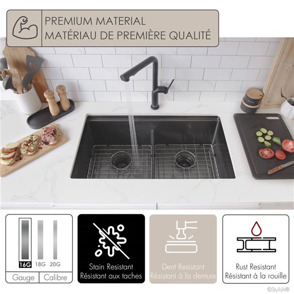 Stylish Undermount 32-in Graphite Black Stainless Steel Double Bowl Workstation Sink w/ Black Accesories