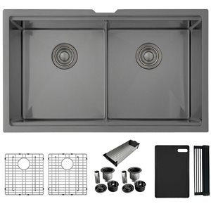Stylish Undermount 32-in Graphite Black Stainless Steel Double Bowl Workstation Sink w/ Black Accesories