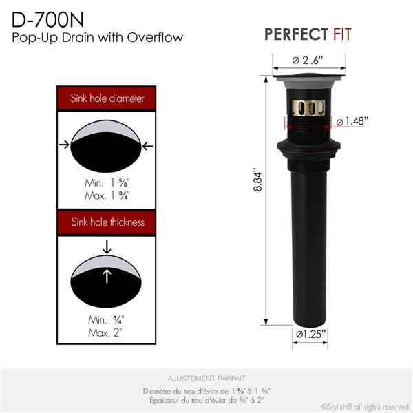 Stylish Matte Black Standard Pop-Up Bathroom Sink Drain w/ Overflow - 2/Pk