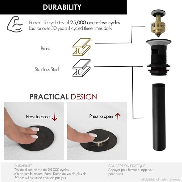 Stylish Matte Black Standard Pop-Up Bathroom Sink Drain w/ Overflow - 2/Pk