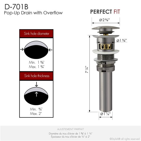 Stylish Brushed Nickel Mushroom Pop-Up Bathroom Sink Drain w/ Overflow - 2/Pk