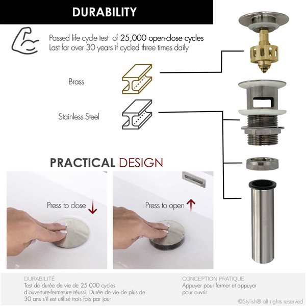 Stylish Brushed Nickel Mushroom Pop-Up Bathroom Sink Drain w/ Overflow - 2/Pk
