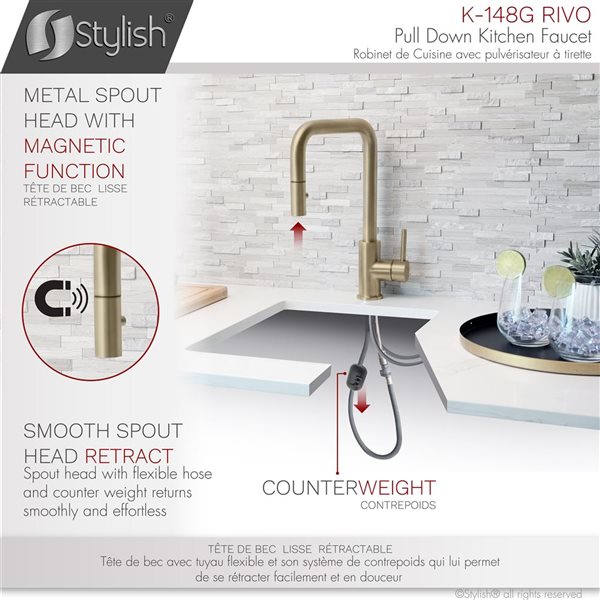 Stylish Rivo Single Handle Brushed Gold Pull-Down Kitchen Faucet