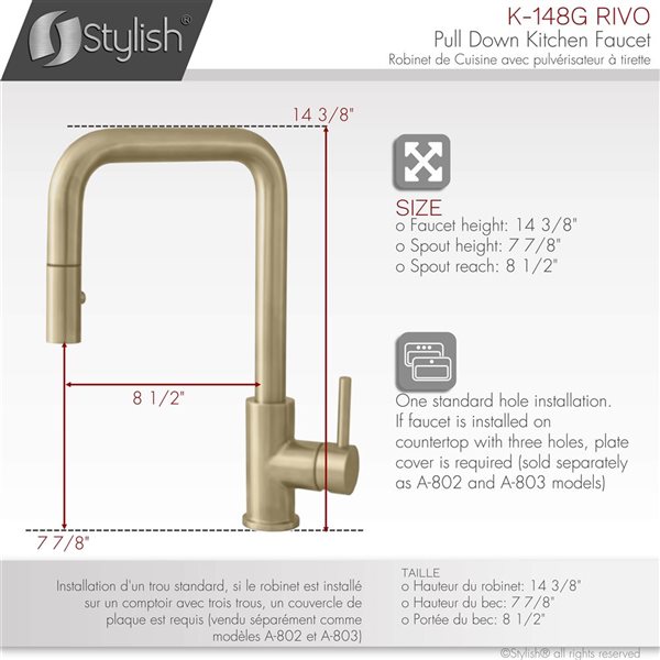 Stylish Rivo Single Handle Brushed Gold Pull-Down Kitchen Faucet