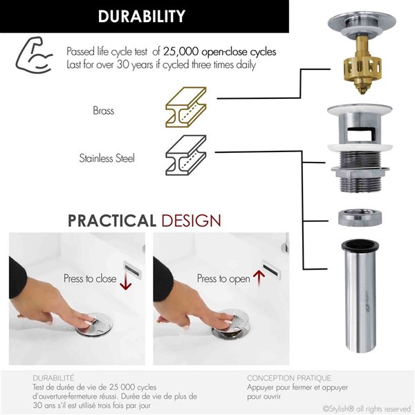 Stylish Polished Chrome Mushroom Pop-Up Bathroom Sink Drain w/ Overflow - 2/Pk