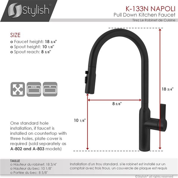 Stylish Napoli Single Handle Matte Black Pull-Down Kitchen Faucet w/ Faucet Plate