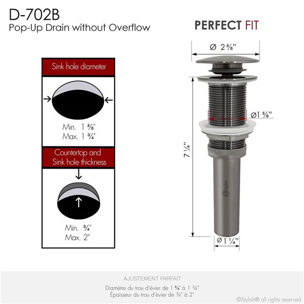 Stylish Brushed Nickel Pop-Up Vessel Sink Drain without Overflow - 2/Pk