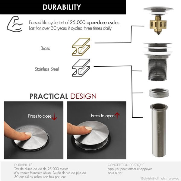 Stylish Brushed Nickel Pop-Up Vessel Sink Drain without Overflow - 2/Pk