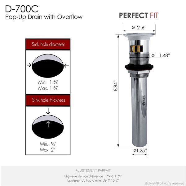 Stylish Polished Chrome Standard Pop-Up Bathroom Sink Drain w/ Overflow - 2/Pk