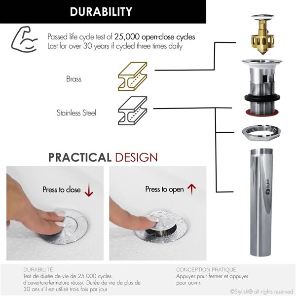Stylish Polished Chrome Standard Pop-Up Bathroom Sink Drain w/ Overflow - 2/Pk