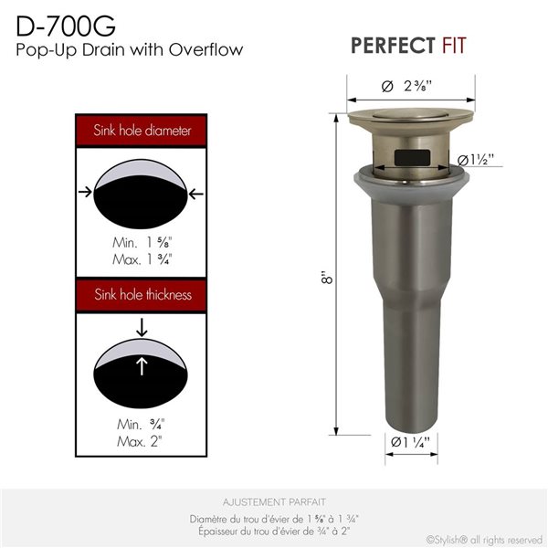 Stylish Brushed Gold Standard Pop-Up Bathroom Sink Drain w/ Overflow - 2/Pk