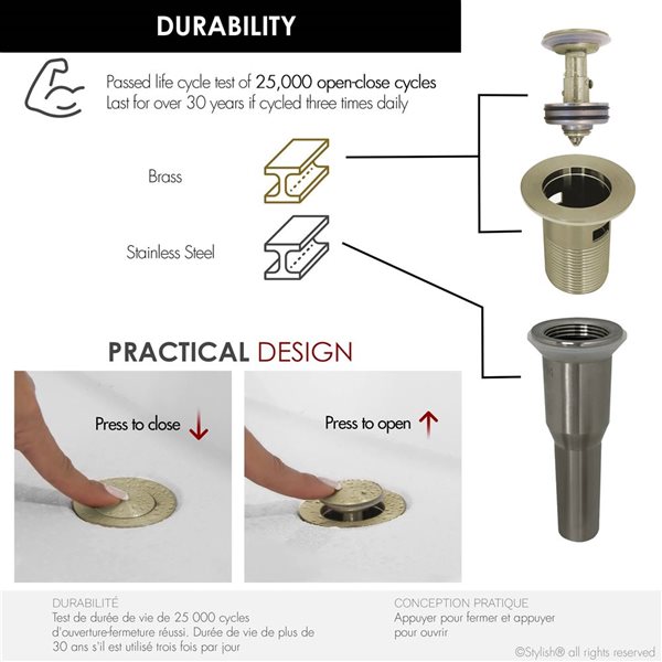 Stylish Brushed Gold Standard Pop-Up Bathroom Sink Drain w/ Overflow - 2/Pk