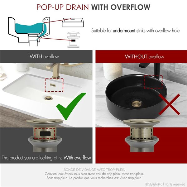 Stylish Brushed Gold Standard Pop-Up Bathroom Sink Drain w/ Overflow - 2/Pk