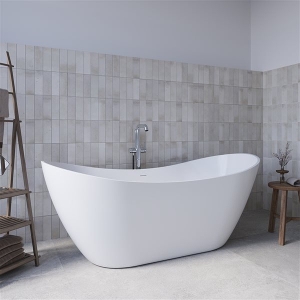 Streamline 71-in L Glossy White Acrylic Freestanding Bathtub w/ Polished Chrome Centre Drain