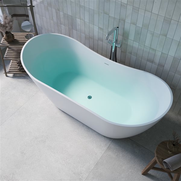 Streamline 71-in L Glossy White Acrylic Freestanding Bathtub w/ Polished Chrome Centre Drain
