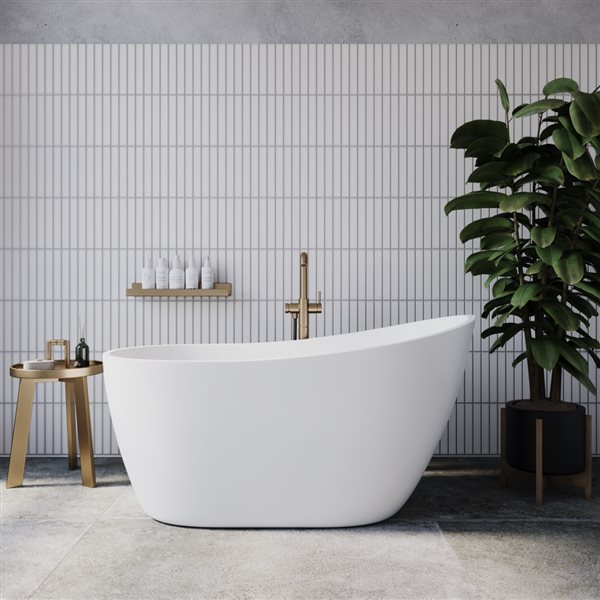 Streamline 55-in L Glossy White Acrylic Freestanding Bathtub w/ Brushed Brass Centre Drain