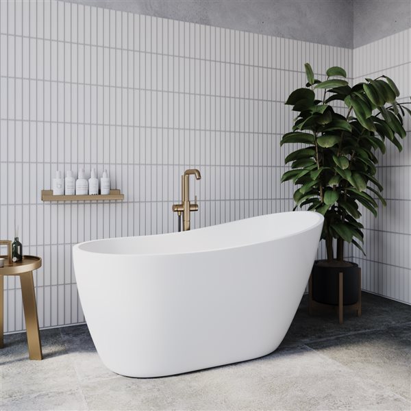 Streamline 55-in L Glossy White Acrylic Freestanding Bathtub w/ Brushed Brass Centre Drain