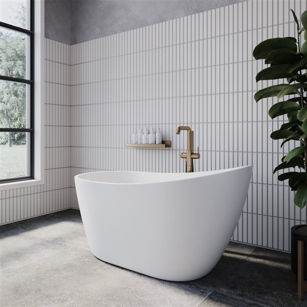 Streamline 55-in L Glossy White Acrylic Freestanding Bathtub w/ Brushed Brass Centre Drain