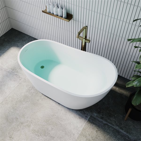 Streamline 55-in L Glossy White Acrylic Freestanding Bathtub w/ Brushed Brass Centre Drain
