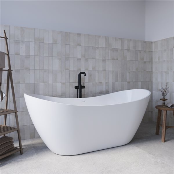 Streamline 71-in L Glossy White Acrylic Freestanding Bathtub w/ Matte Black Centre Drain