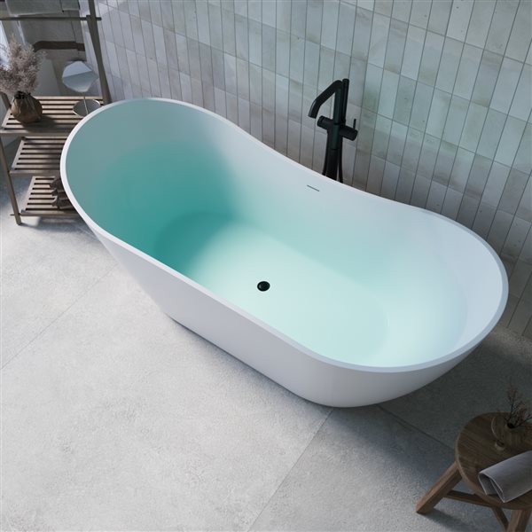 Streamline 71-in L Glossy White Acrylic Freestanding Bathtub w/ Matte Black Centre Drain