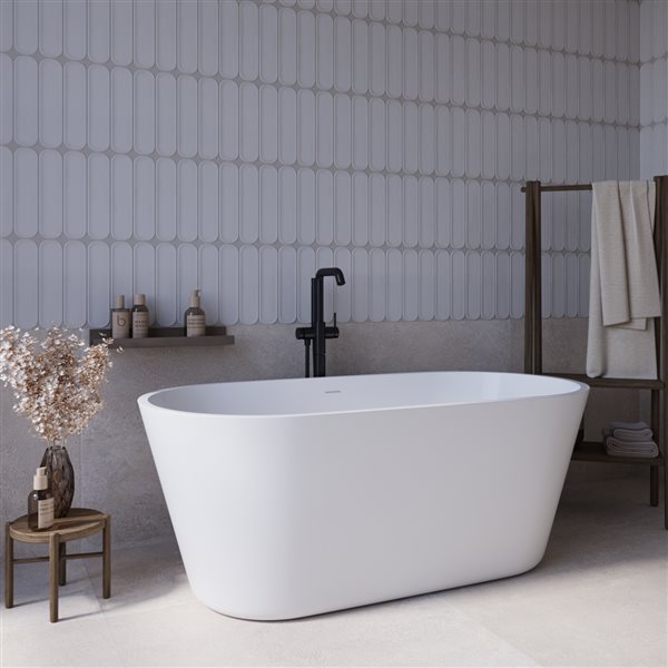 Streamline 59-in L Glossy White Acrylic Freestanding Bathtub w/ Brushed Gunmetal Centre Drain