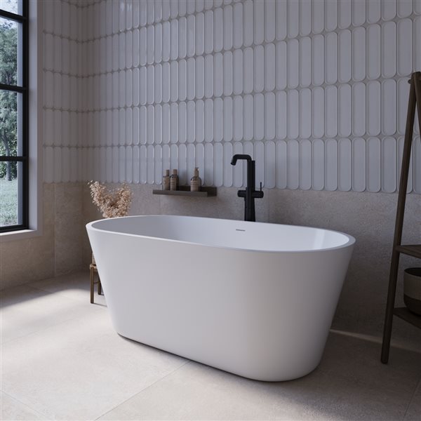 Streamline 59-in L Glossy White Acrylic Freestanding Bathtub w/ Brushed Gunmetal Centre Drain