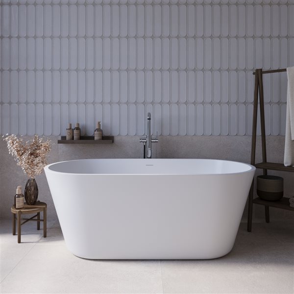 Streamline 59-in L Glossy White Acrylic Freestanding Bathtub w/ Polished Chrome Centre Drain