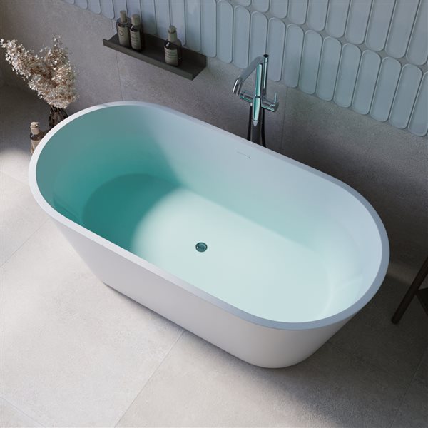 Streamline 59-in L Glossy White Acrylic Freestanding Bathtub w/ Polished Chrome Centre Drain
