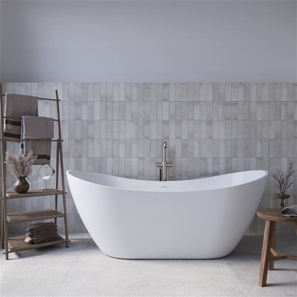 Streamline 71-in L Glossy White Acrylic Freestanding Bathtub w/ Brushed Nickel Centre Drain