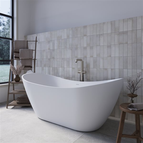 Streamline 71-in L Glossy White Acrylic Freestanding Bathtub w/ Brushed Nickel Centre Drain