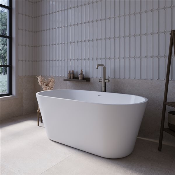 Streamline 59-in L Glossy White Acrylic Freestanding Bathtub w/ Brushed Nickel Centre Drain