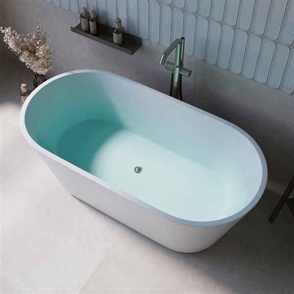 Streamline 59-in L Glossy White Acrylic Freestanding Bathtub w/ Brushed Nickel Centre Drain