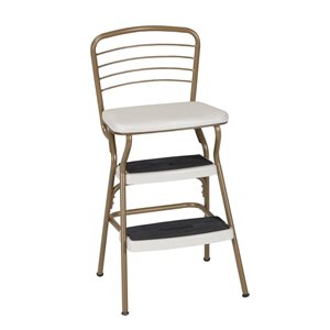 Cosco Stylaire Steel Retro Chair and Step Stool w/ Flip-Up Vinyl Seat - Gold/Cream