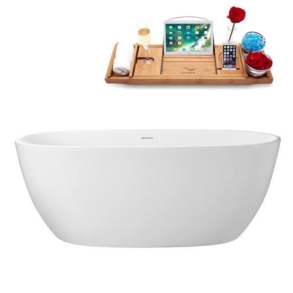 Streamline 60 L x 30-in W Glossy White Acrylic Round Freestanding Bathtub w/ Matte Black Centre Drain and Tray