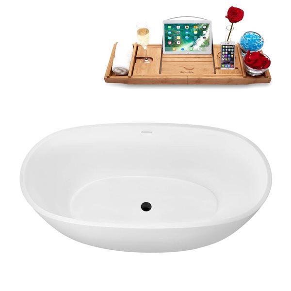 Streamline 60 L x 30-in W Glossy White Acrylic Round Freestanding Bathtub w/ Matte Black Centre Drain and Tray