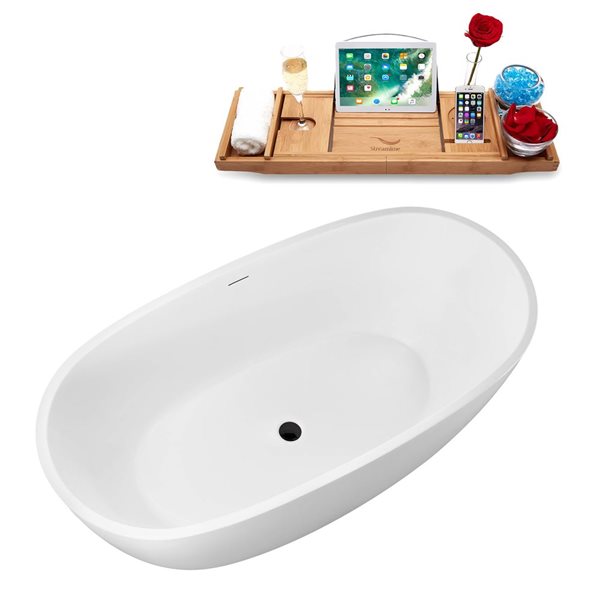 Streamline 60 L x 30-in W Glossy White Acrylic Round Freestanding Bathtub w/ Matte Black Centre Drain and Tray