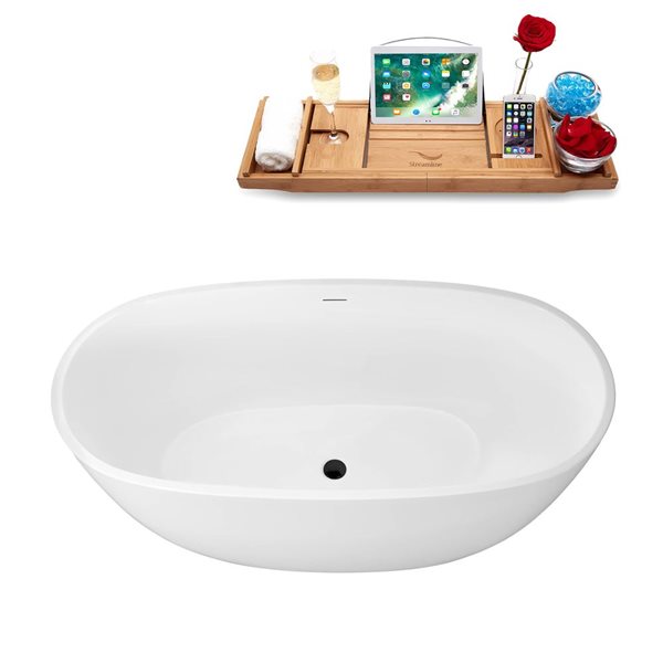 Streamline 60 L x 30-in W Glossy White Acrylic Round Freestanding Bathtub w/ Matte Black Centre Drain and Tray