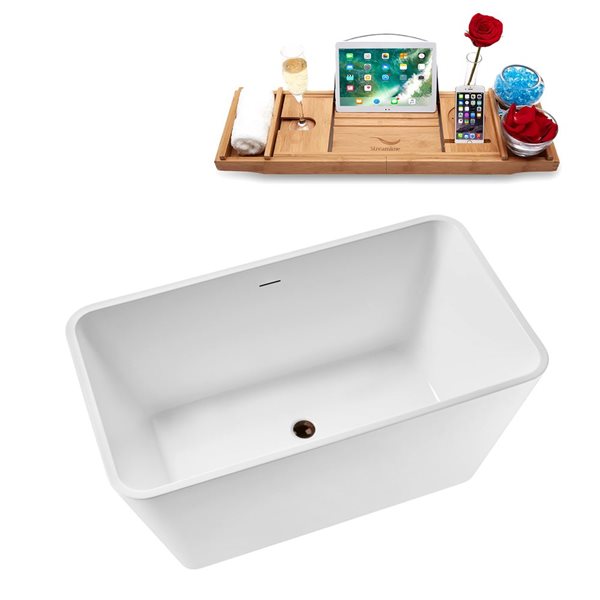 Streamline 51 L x 28-in W Glossy White Acrylic Rectangular Freestanding Bathtub w/ Bronze Centre Drain and Tray