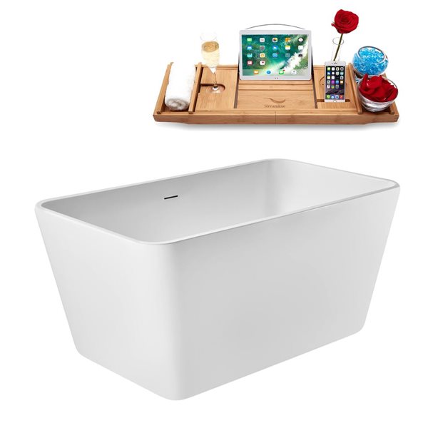 Streamline 51 L x 28-in W Glossy White Acrylic Rectangular Freestanding Bathtub w/ Bronze Centre Drain and Tray