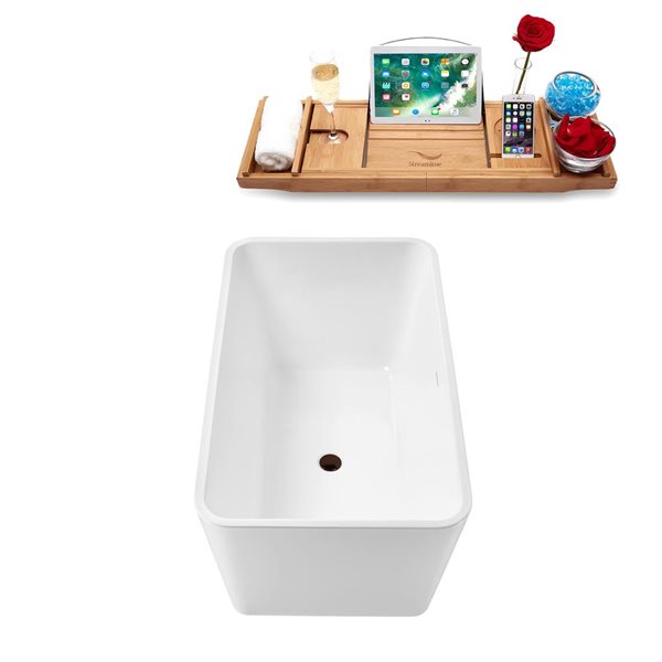 Streamline 51 L x 28-in W Glossy White Acrylic Rectangular Freestanding Bathtub w/ Bronze Centre Drain and Tray