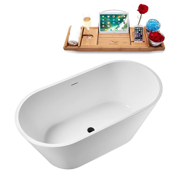 Streamline 55 L x 27.6-in W Glossy White Acrylic Round Freestanding Bathtub w/ Matte Black Centre Drain and Tray