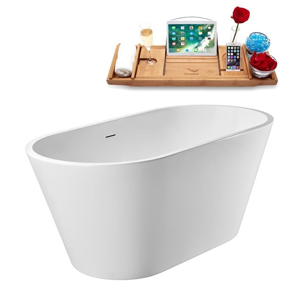 Streamline 55 L x 27.6-in W Glossy White Acrylic Round Freestanding Bathtub w/ Matte Black Centre Drain and Tray